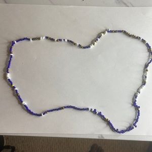 30” New Handmade waist beads blue, white, gold with silver twist clasp